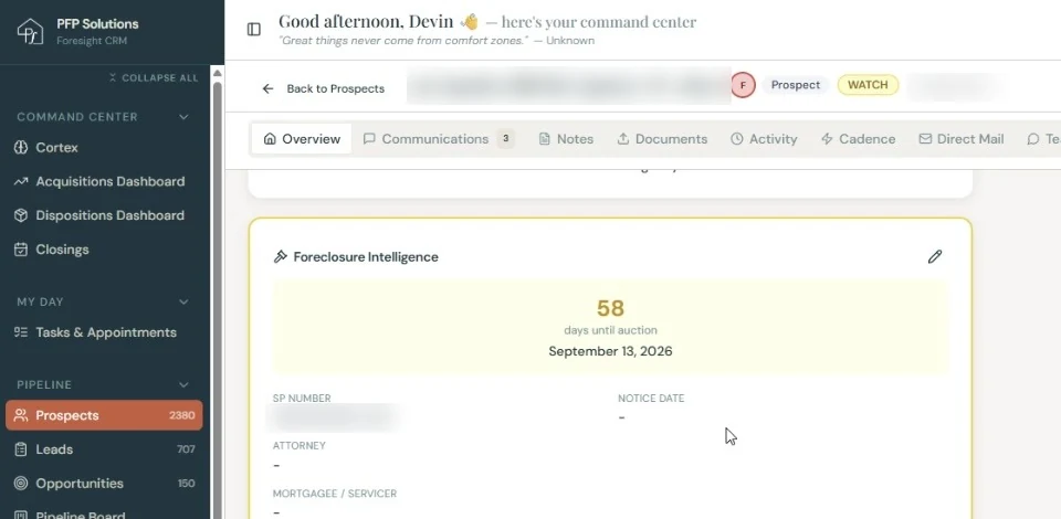 The Foresight CRM foreclosure intelligence panel showing 58 days until the auction date, alongside the pipeline navigation with 2,380 prospects and 707 leads.