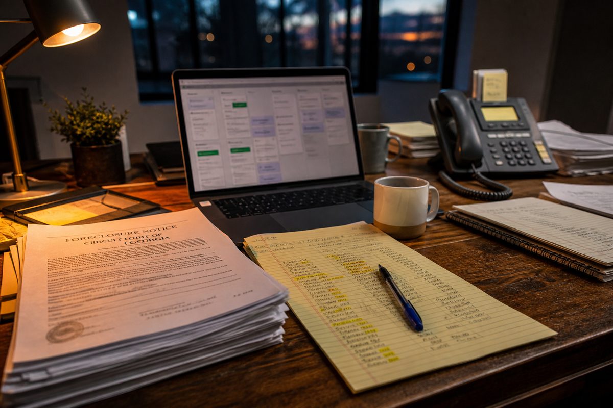 Illustrative scene, not a product screenshot: a wholesaler's dusk desk with a laptop pipeline, printed county foreclosure notices, and a call in progress