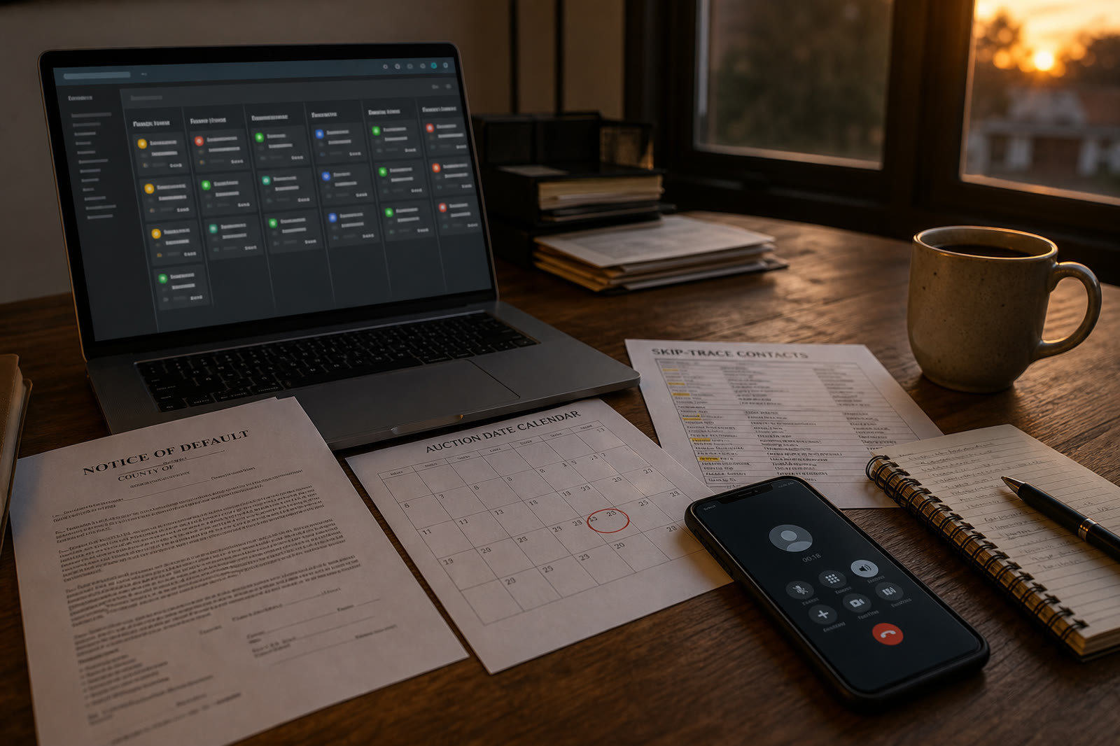 Illustrative scene, not a product screenshot: a dusk desk with a Notice of Default, an auction-date calendar, a skip-trace sheet, and a call in progress