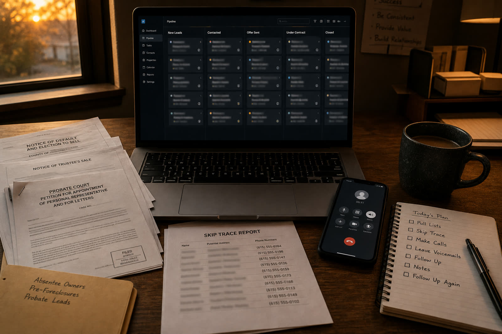 Illustrative scene, not a product screenshot: a wholesaler's dusk desk with a laptop pipeline, printed foreclosure and probate notices, a skip-trace sheet, and a call in progress