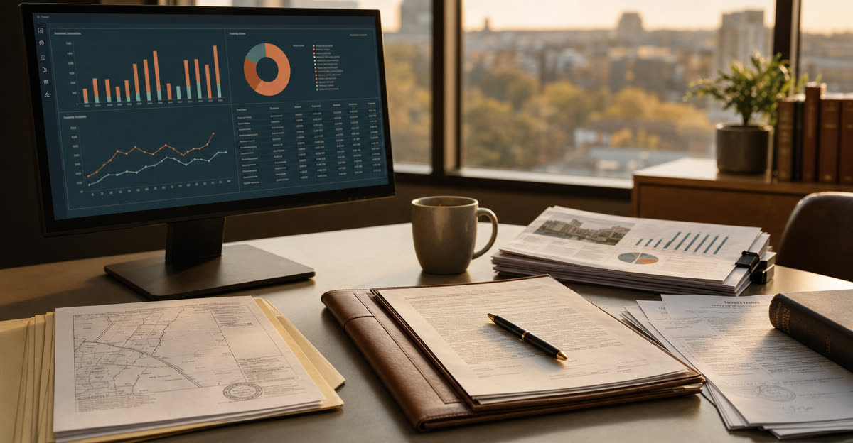 Illustrative scene, not a product screenshot: a laptop pipeline beside an operations dashboard printout and county filings on a desk