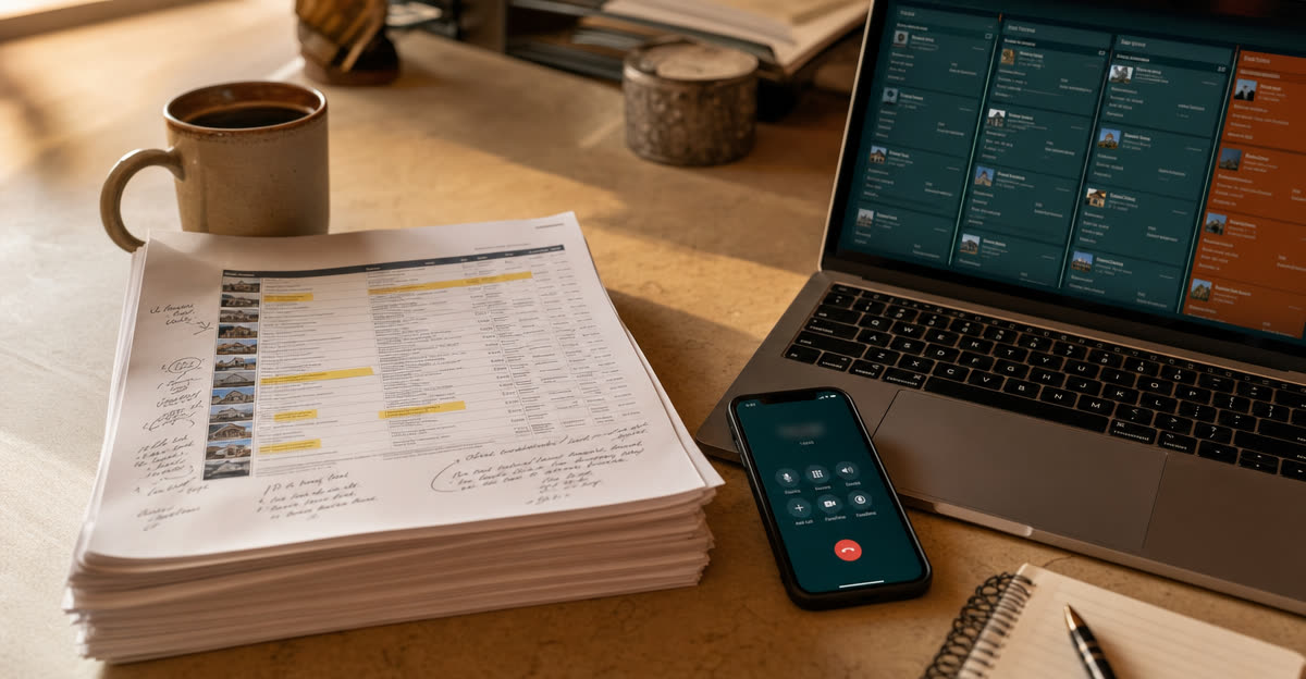 Illustrative scene, not a product screenshot: a printed property list with highlighted rows beside a laptop pipeline and a phone mid-call