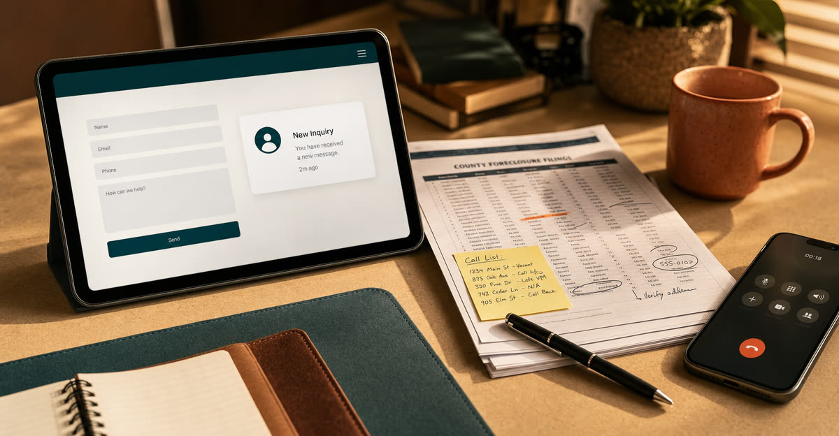 Illustrative scene, not a product screenshot: a laptop showing inbound web leads beside printed county filings and a phone mid-call