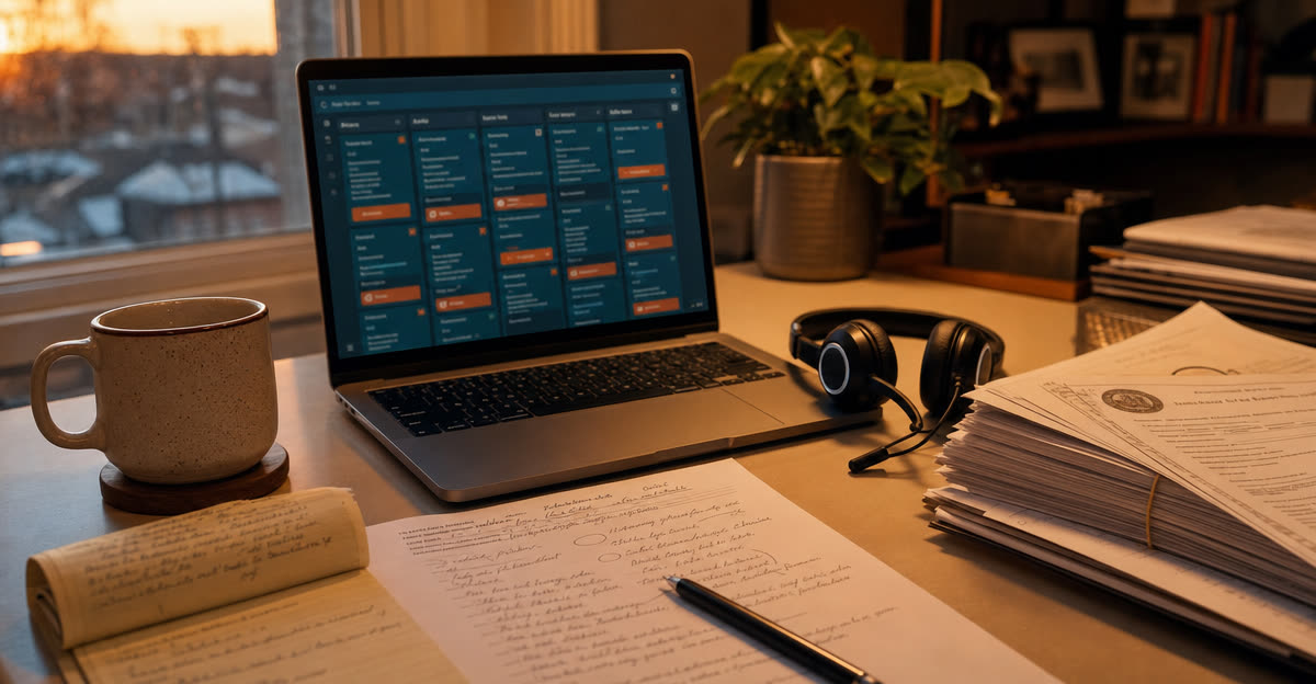 Illustrative scene, not a product screenshot: a wholesaler's desk with a laptop pipeline, printed county filings, and a phone mid-call