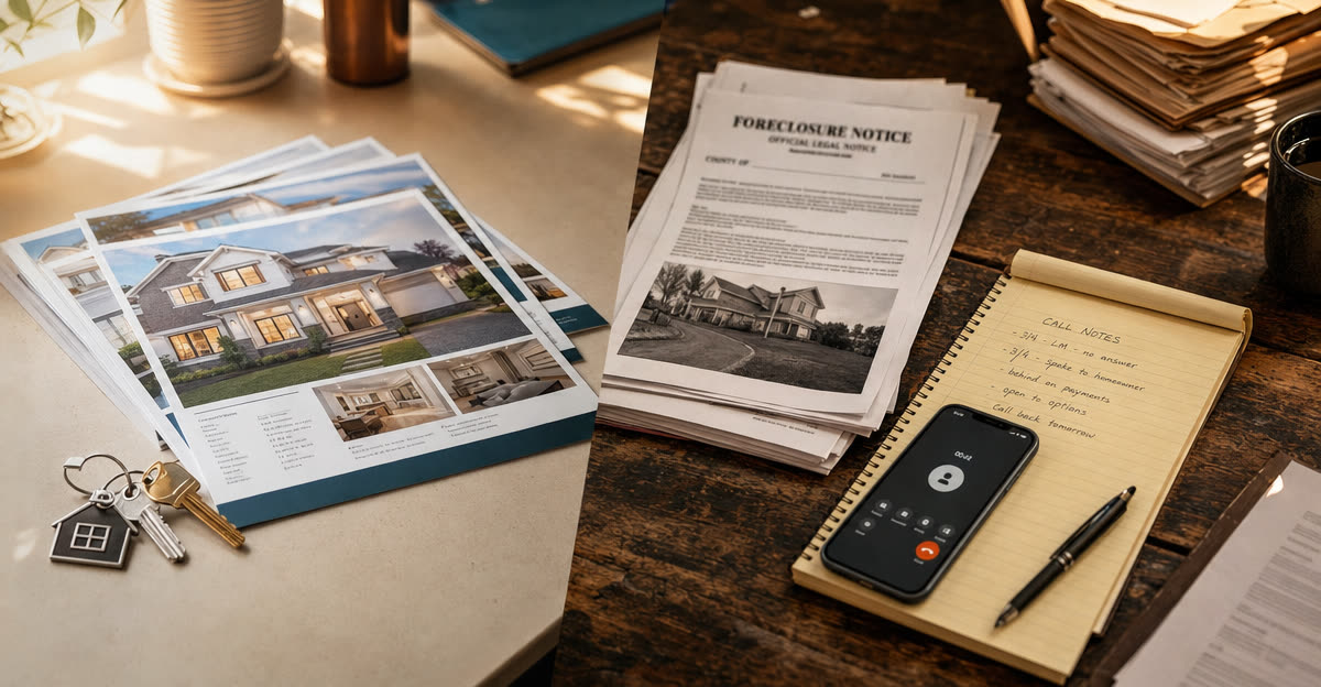 Illustrative scene, not a product screenshot: glossy listing presentation sheets and house keys on one side, county foreclosure notices and handwritten call notes on the other