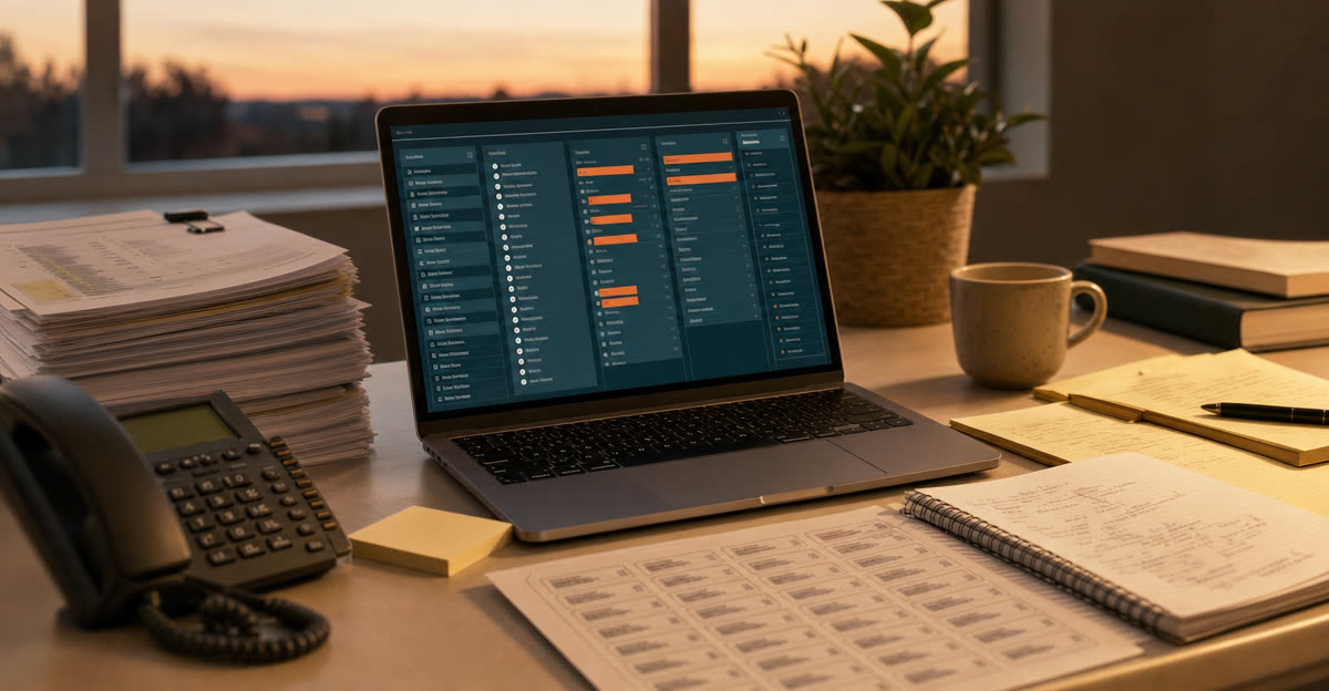 Illustrative scene, not a product screenshot: an investor's desk at dusk with a laptop pipeline surrounded by the printed lists, desk phone, and notebooks it consolidates