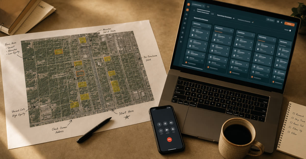Illustrative scene, not a product screenshot: an annotated county parcel map beside a laptop showing a deal pipeline, with a call in progress
