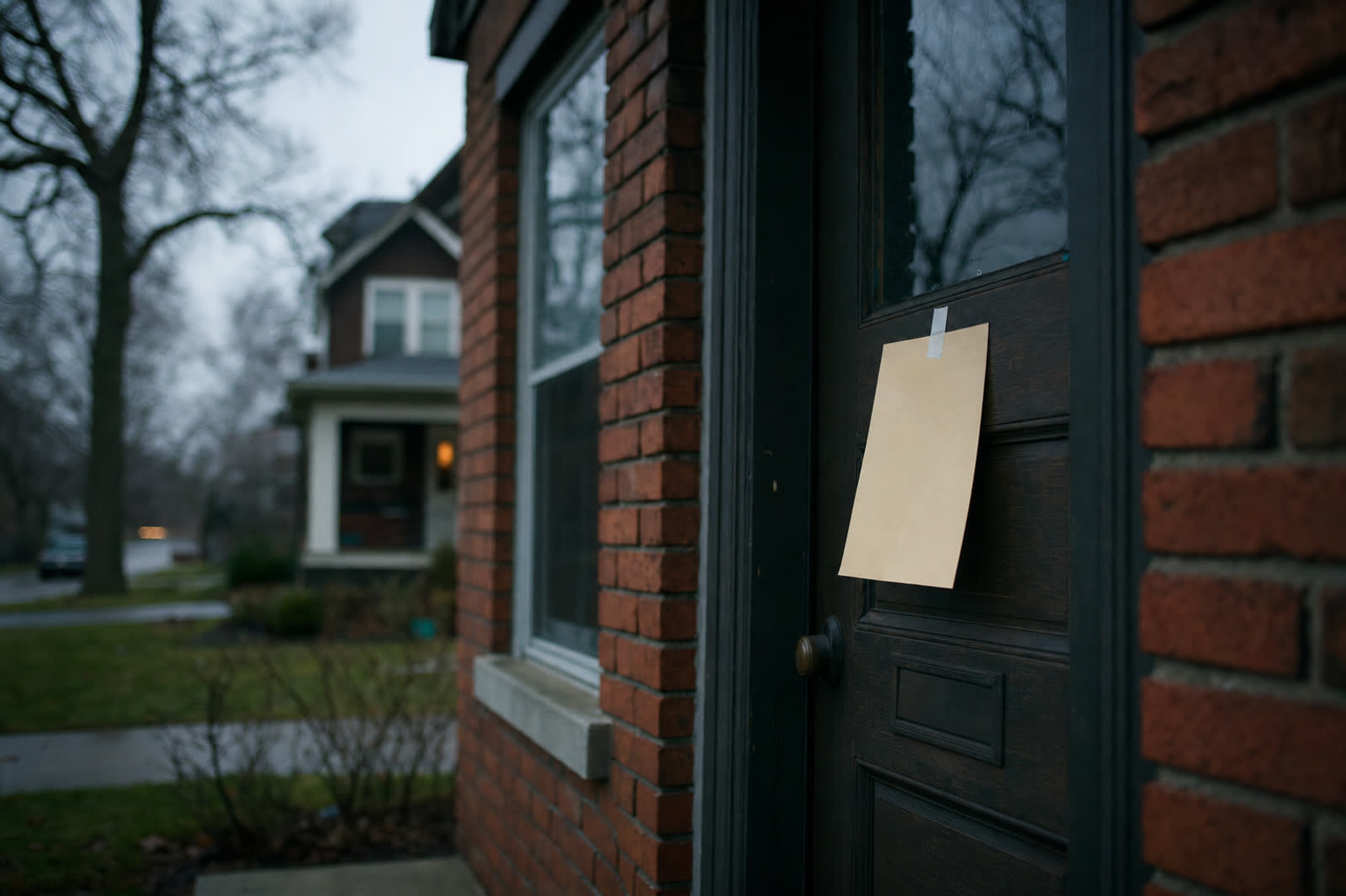 Illustrative scene, not a product screenshot: a foreclosure notice taped to a brick house's front door on a gray morning