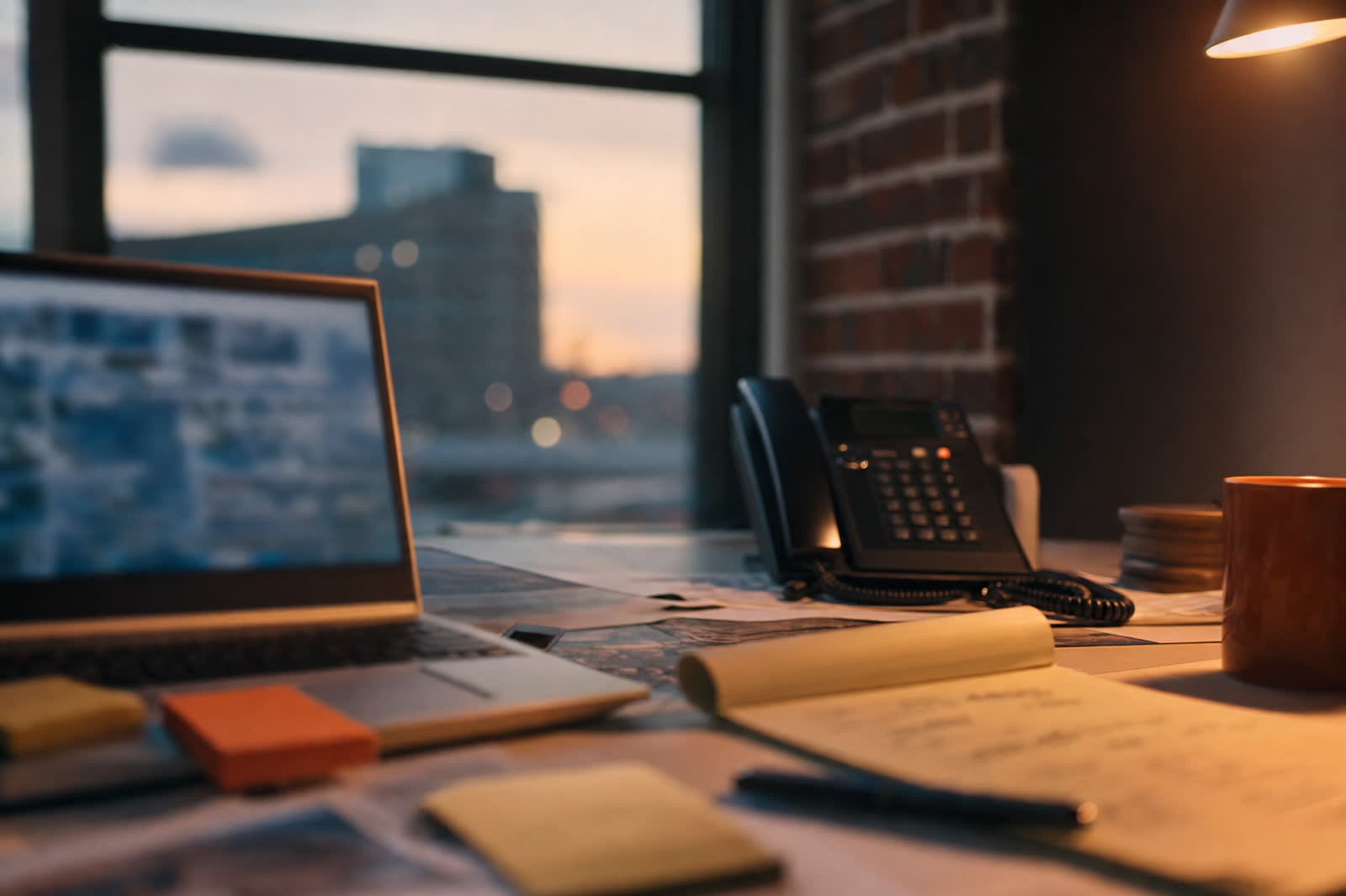 Illustrative scene, not a product screenshot: an investor's desk with a laptop, sticky notes, a desk phone, and a notepad