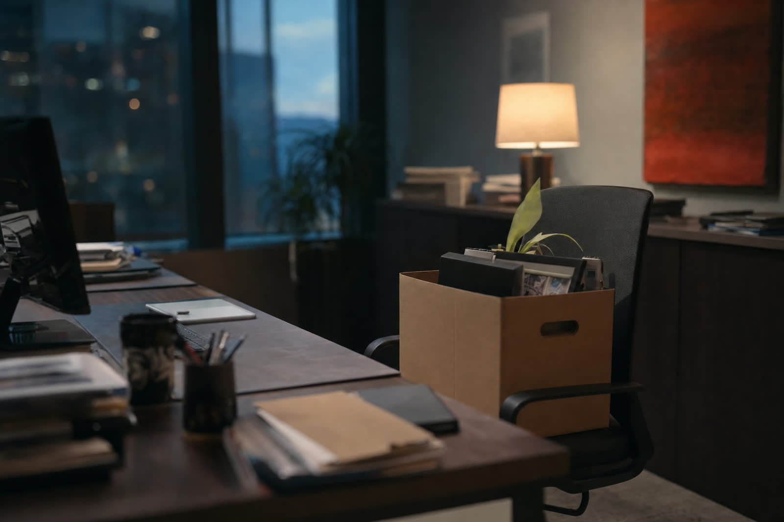 Illustrative scene, not a product screenshot: an empty office desk after hours with a packed cardboard box on the chair