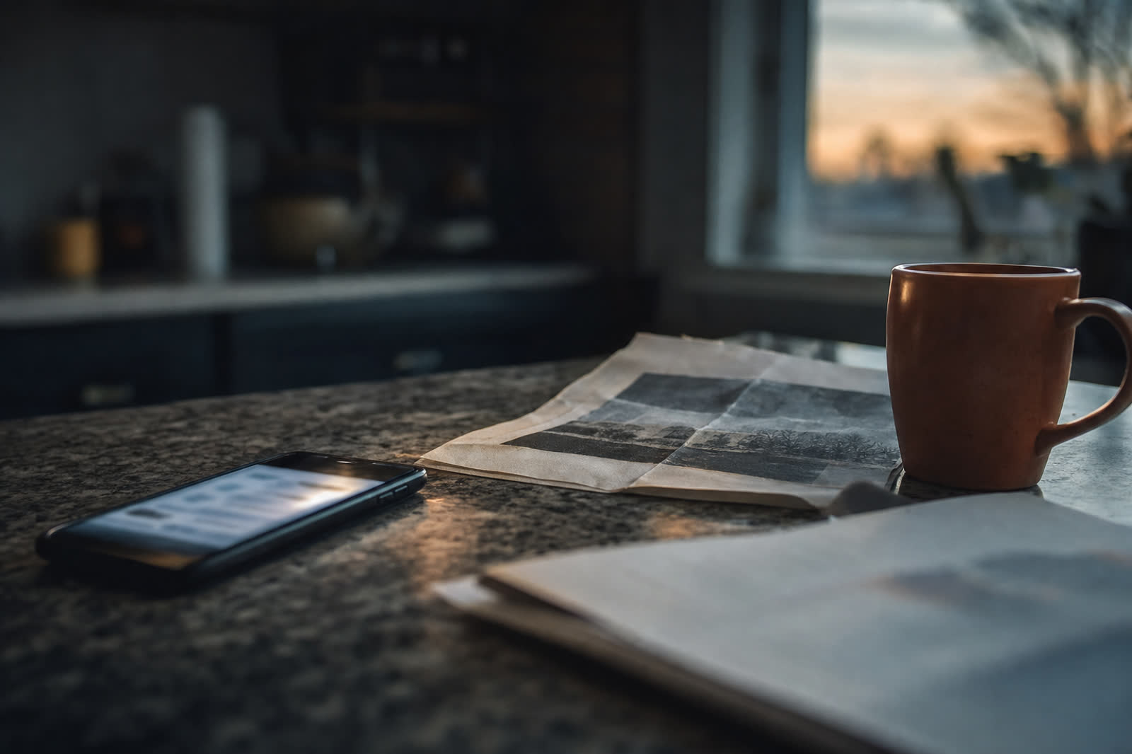 Illustrative scene, not a product screenshot: a phone beside a folded county notice and coffee on a kitchen table