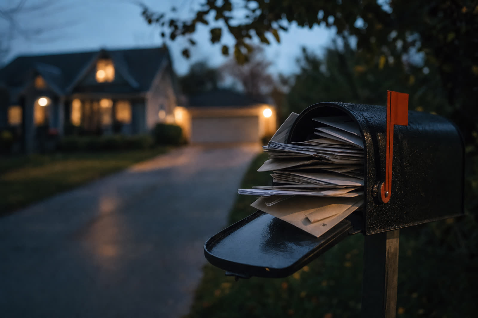 Illustrative scene, not a product screenshot: a mailbox stuffed with envelopes at the end of a driveway at dusk