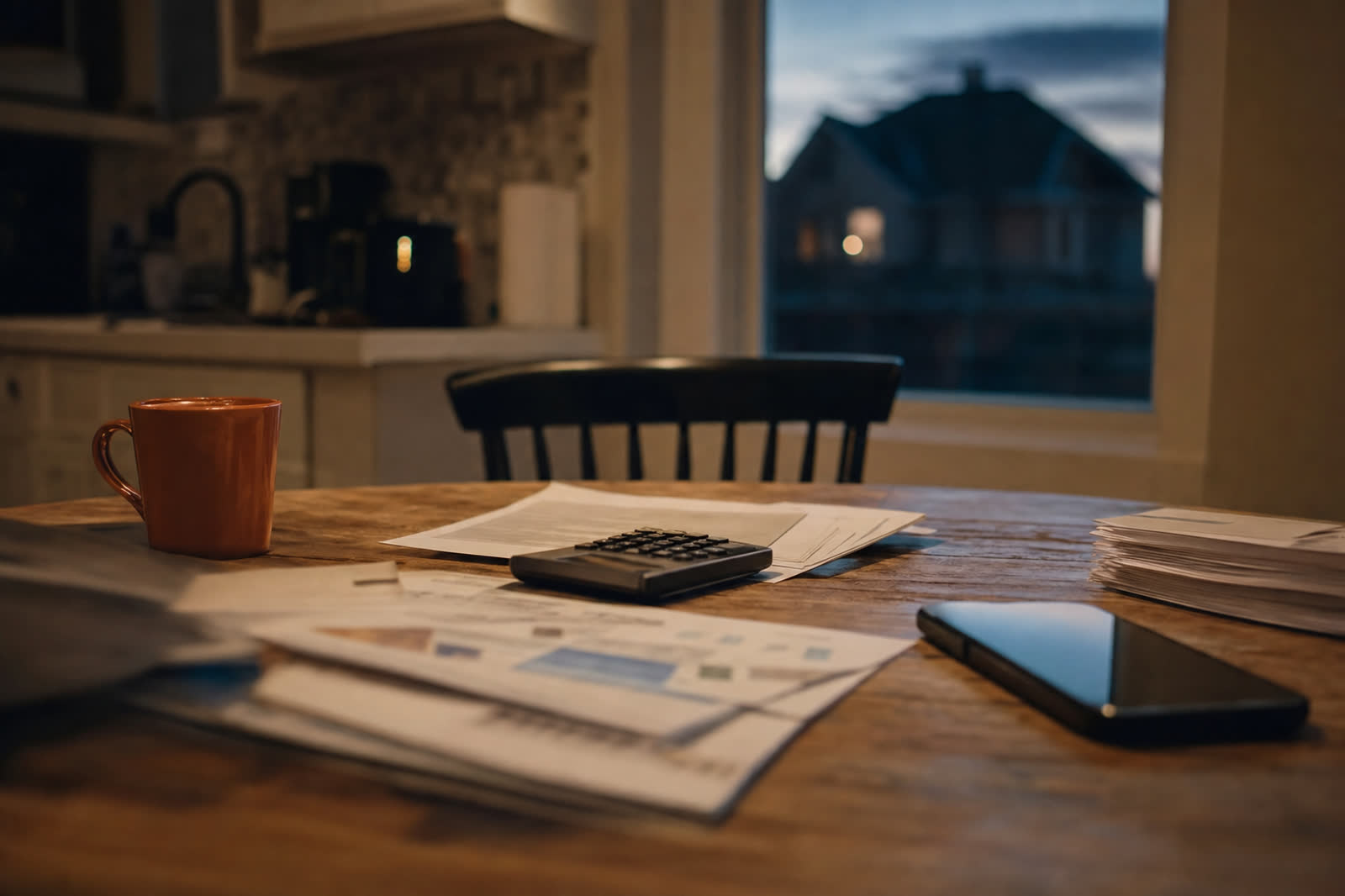 Illustrative scene, not a product screenshot: a kitchen table with software invoices, a calculator, and a phone at dusk