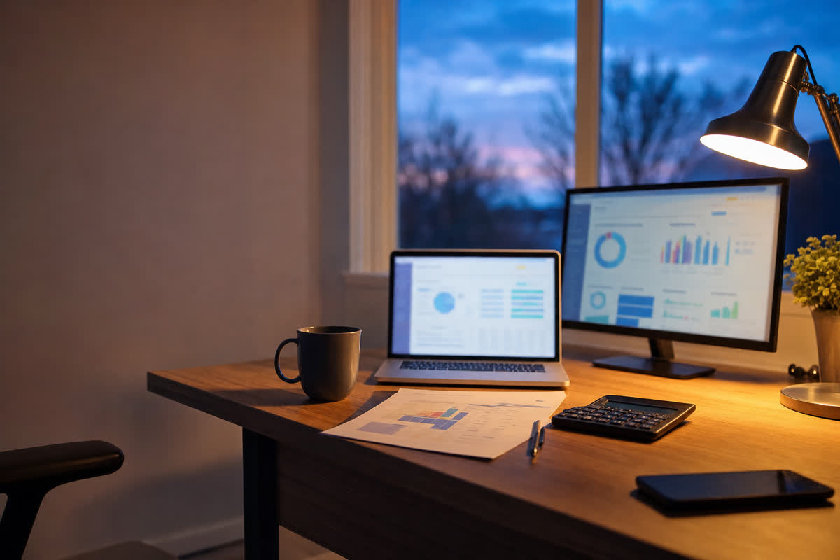 Illustrative scene, not a product screenshot: a wholesaler's desk at dusk with two screens of dashboards, an invoice, and a calculator