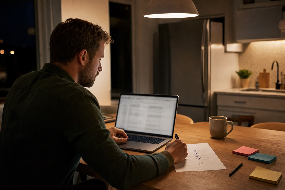 Illustrative scene, not a product screenshot: an investor at a kitchen table at night working through a printed checklist beside a laptop