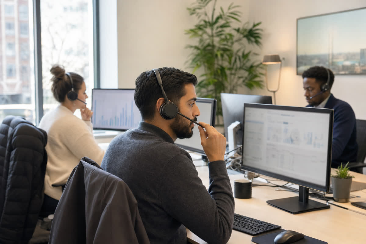 Illustrative scene, not a product screenshot: a three-person acquisitions team on headsets making calls at their desks