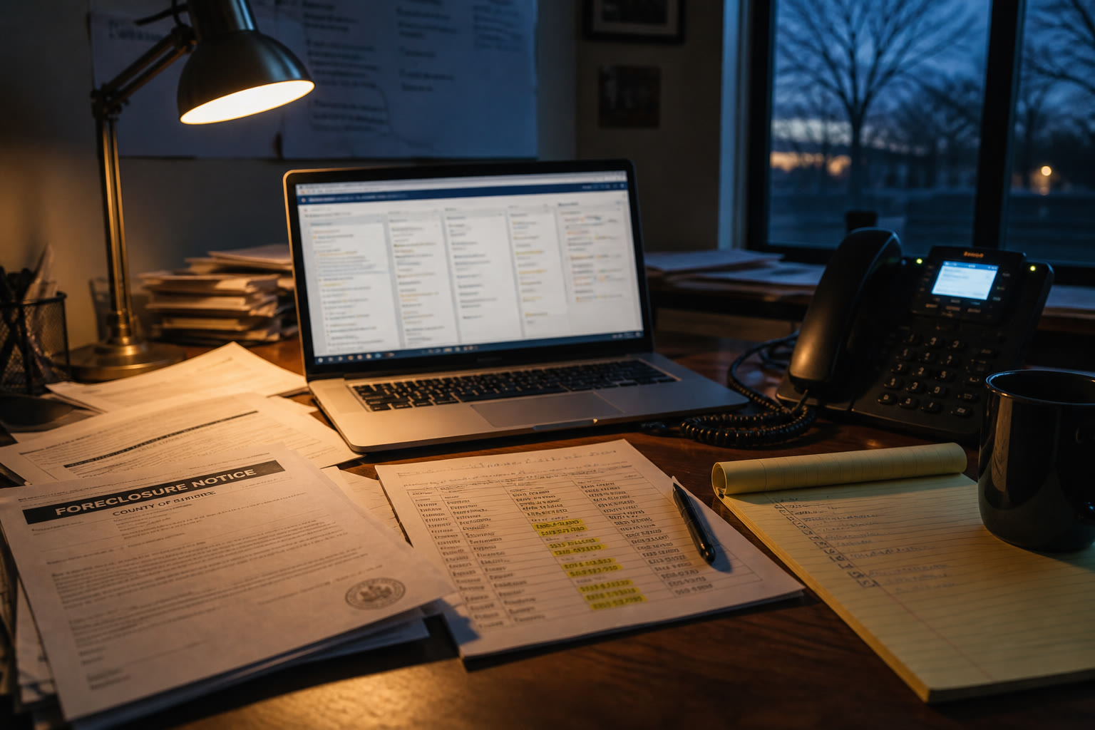 Illustrative scene, not a product screenshot: a wholesaler's dusk desk with a laptop pipeline, printed county foreclosure notices, a skip-trace sheet, and a call in progress