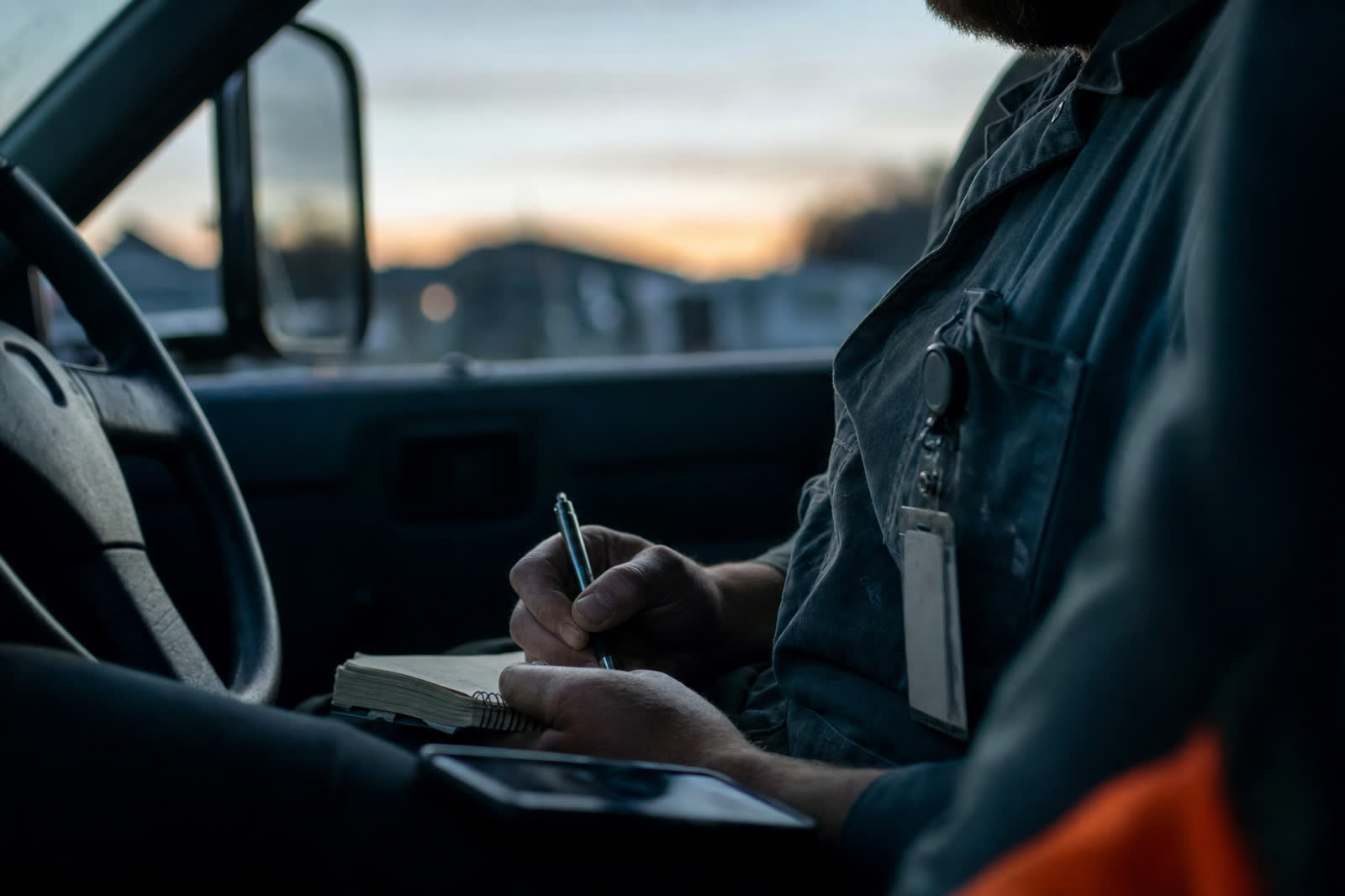 Illustrative scene, not a product screenshot: a pickup truck cab at dusk with a work badge, a notepad, and a phone