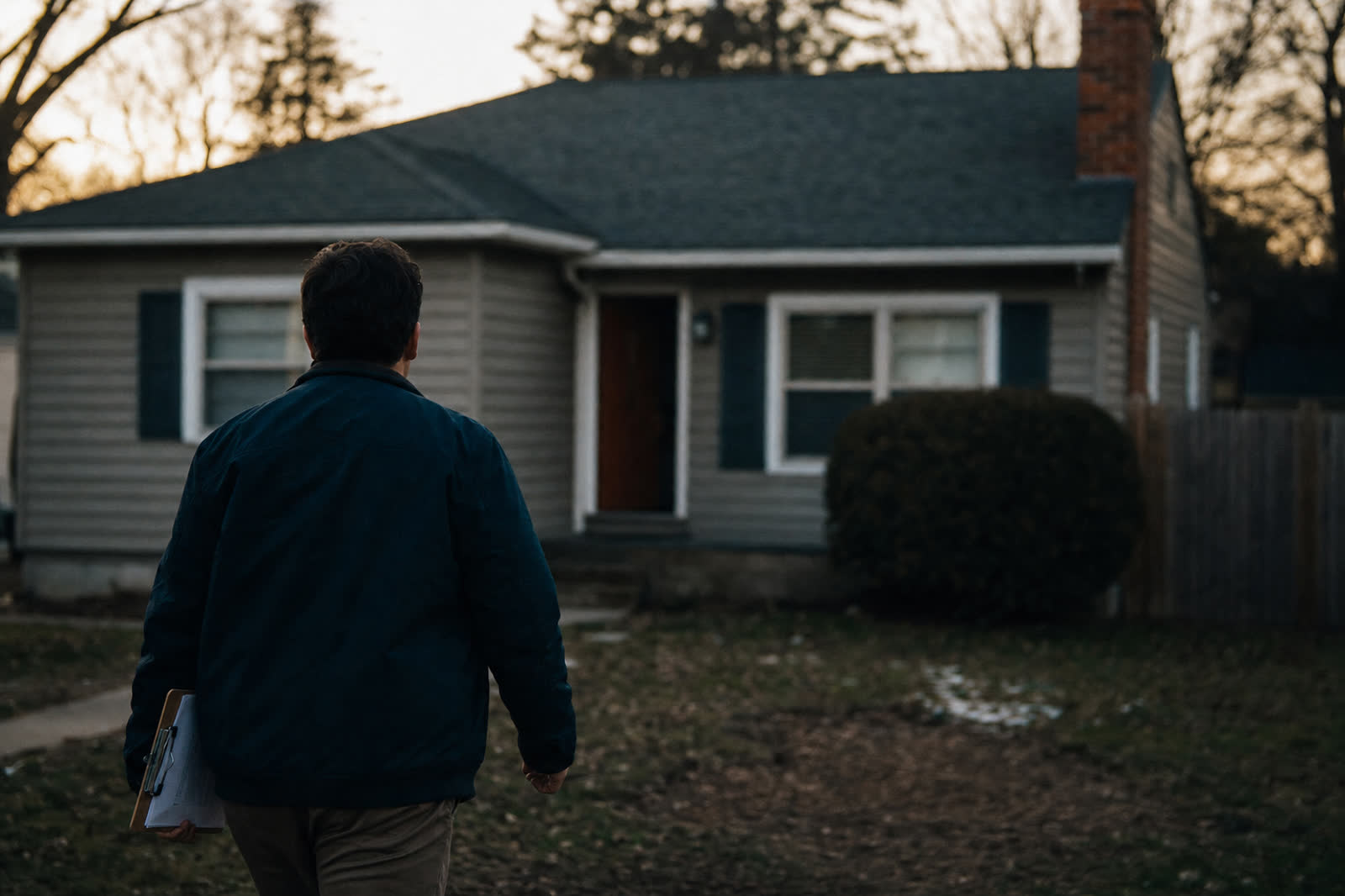 Illustrative scene, not a product screenshot: a person seen from behind walking up to a small ranch house with a clipboard