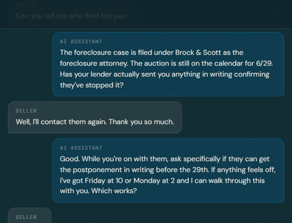 A real text thread: the AI qualifying a seller and booking the appointment